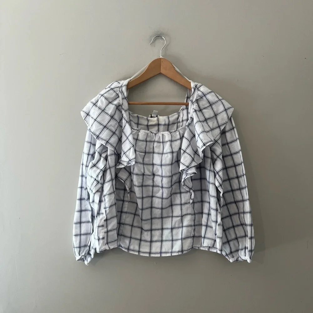 J. Crew‎ top Womens Top Size XL Plaid Flannel Ruffle Square Neck Puff Sleeve
